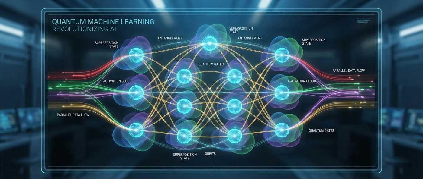 Quantum neural network visualization showing quantum bits processing machine learning algorithms with hybrid classical-quantum architecture