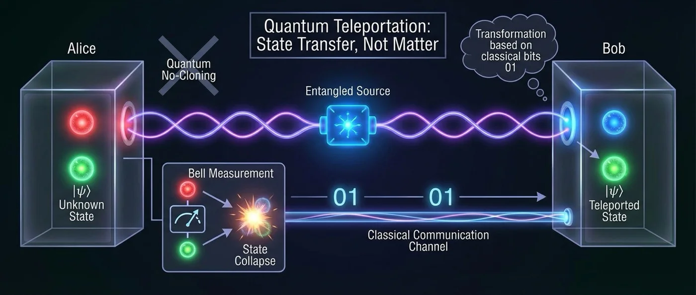 Quantum teleportation experiment showing entangled particles transferring quantum states between laboratory equipment