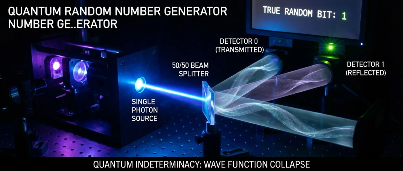 Quantum random number generator device showing photon measurement for true randomness generation