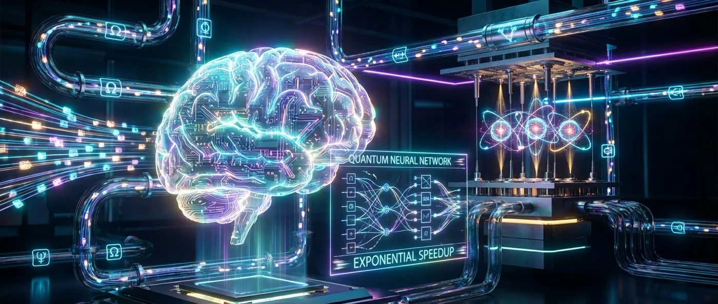 Quantum computer processor connected to AI neural network visualization showing the convergence of quantum computing and artificial intelligence