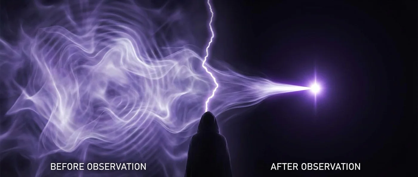 Quantum superposition visualized as wave patterns collapsing into particles upon measurement, illustrating wave function collapse