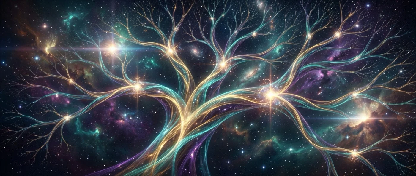 Conceptual illustration of universe splitting into multiple parallel branches during quantum measurement according to Many-Worlds Interpretation