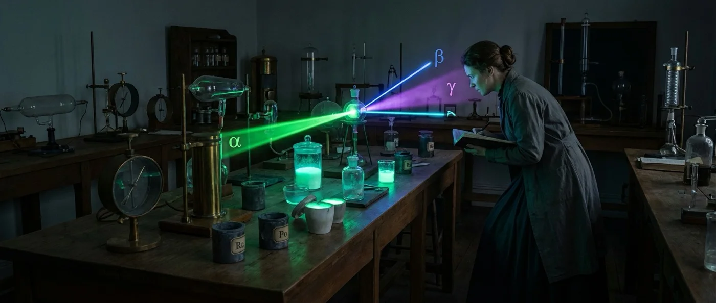 Marie Curie in her laboratory working with radioactive materials and scientific equipment