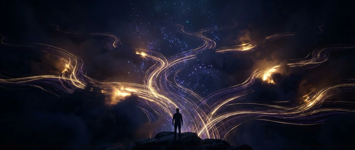 Quantum mechanics vs determinism - abstract visualization showing probability waves and classical mechanics