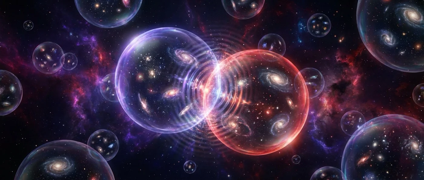 Visual representation of parallel universe theories showing multiple bubble universes and quantum branching realities