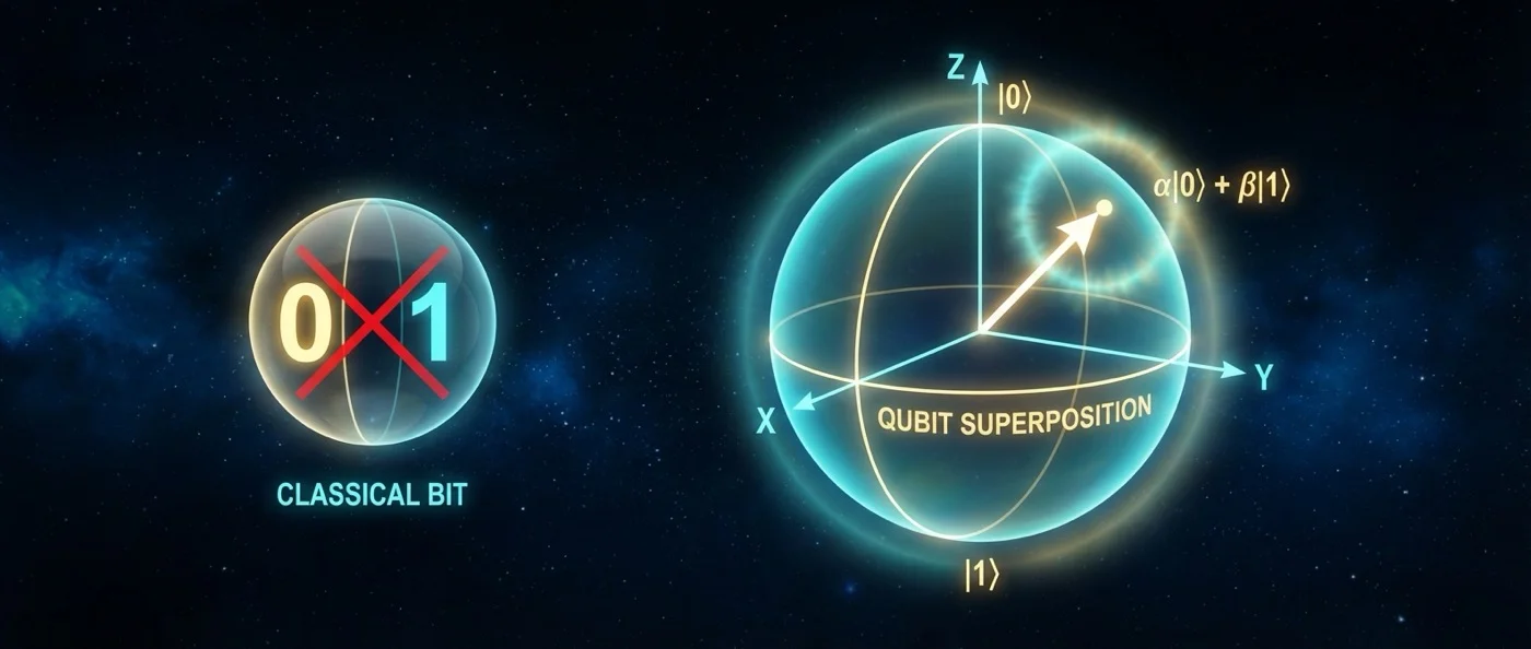 Visualization of qubit superposition states showing simultaneous 0 and 1 quantum bit representation