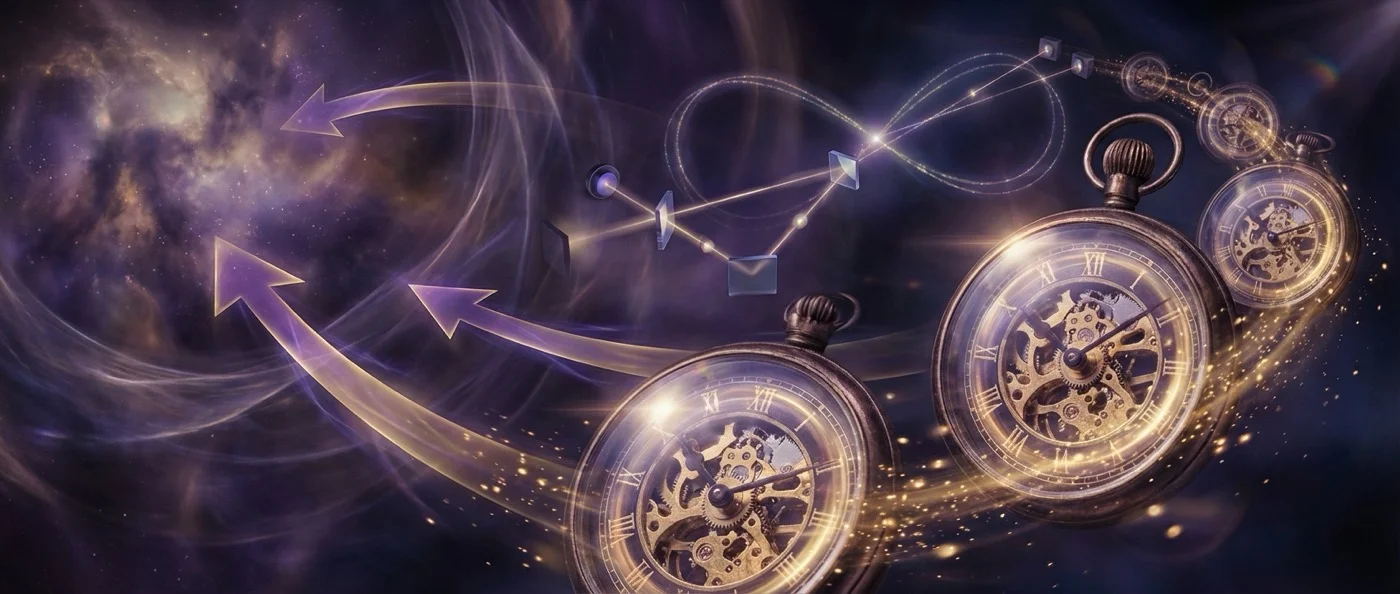 Quantum retrocausality diagram showing how future measurements can influence past particle states and challenge traditional cause-and-effect relationships