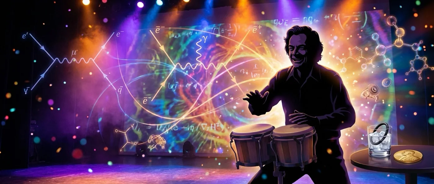 Richard Feynman explaining quantum physics concepts with his characteristic enthusiasm and clarity