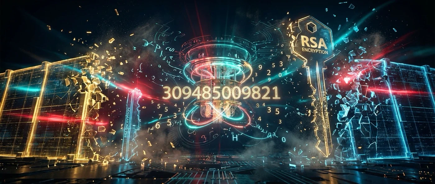Visualization of Shor's algorithm breaking RSA encryption using quantum computing principles and mathematical operations