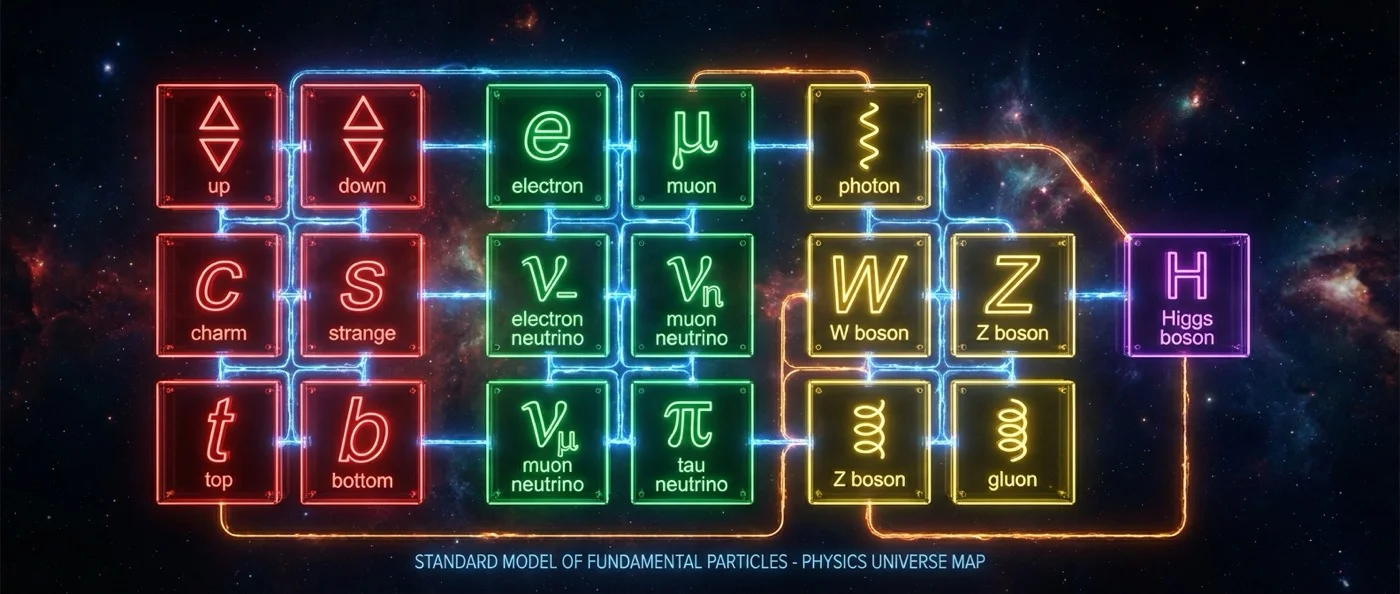 Comprehensive diagram of the Standard Model showing all 17 fundamental particles including quarks, leptons, and gauge bosons
