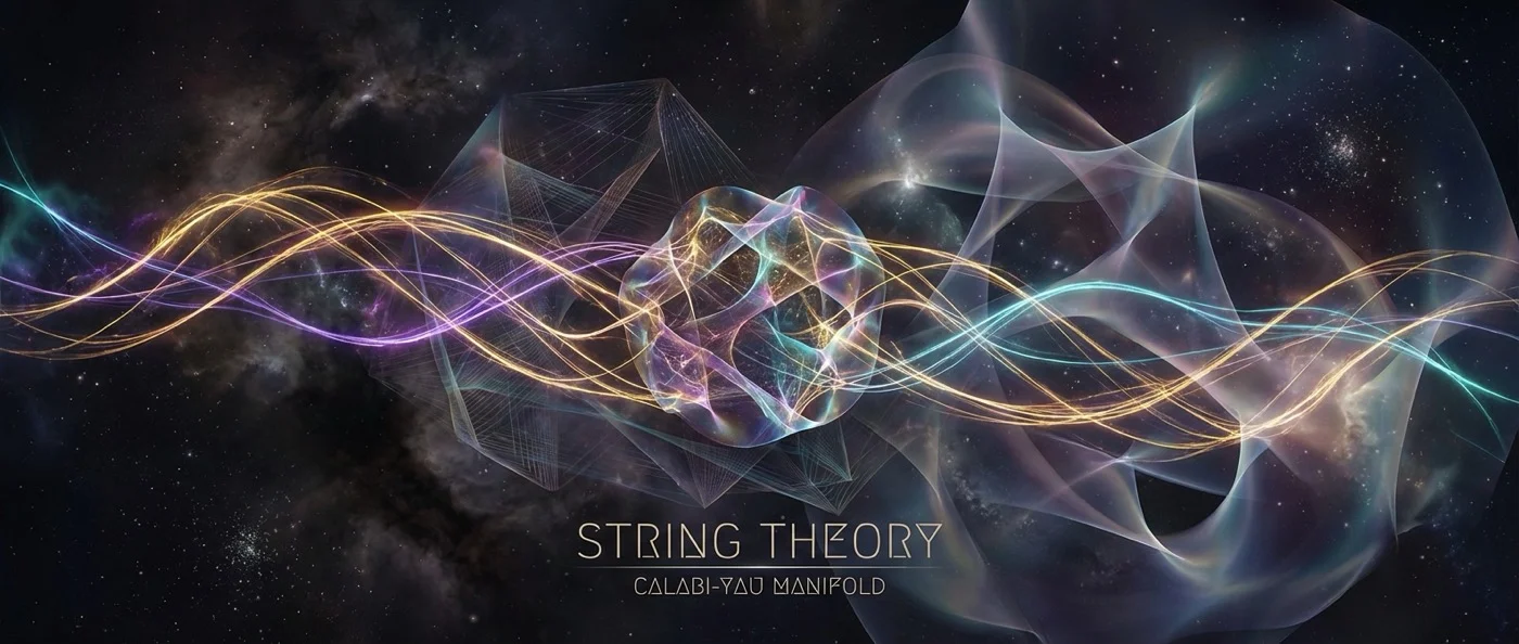 Visualization of vibrating strings in multiple dimensions representing string theory's fundamental particles
