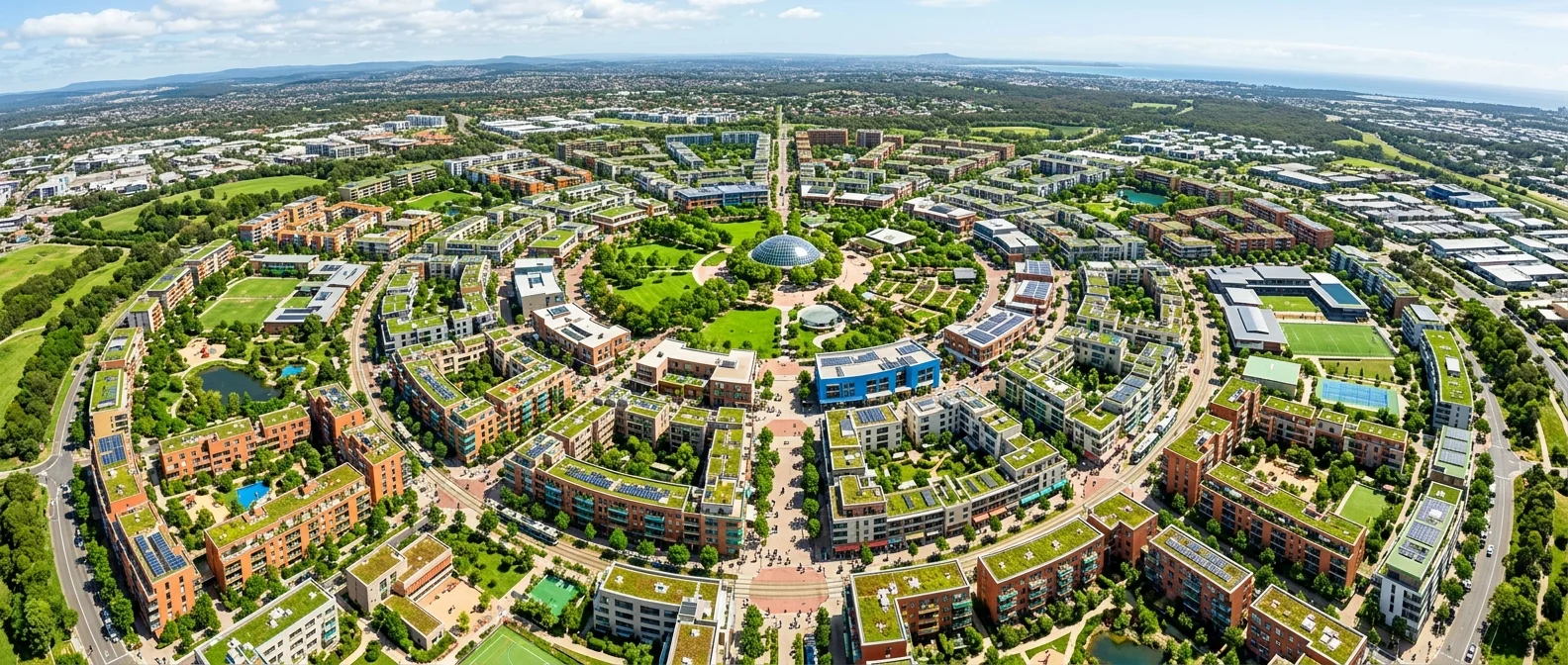Aerial view of a walkable 15-minute city neighborhood with shops, parks and residential areas within walking distance