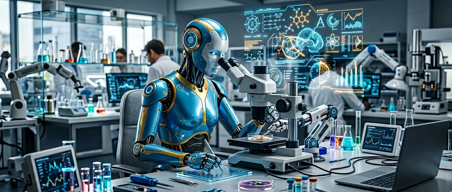 AI laboratory with autonomous robots conducting scientific experiments and discovering new materials without human intervention
