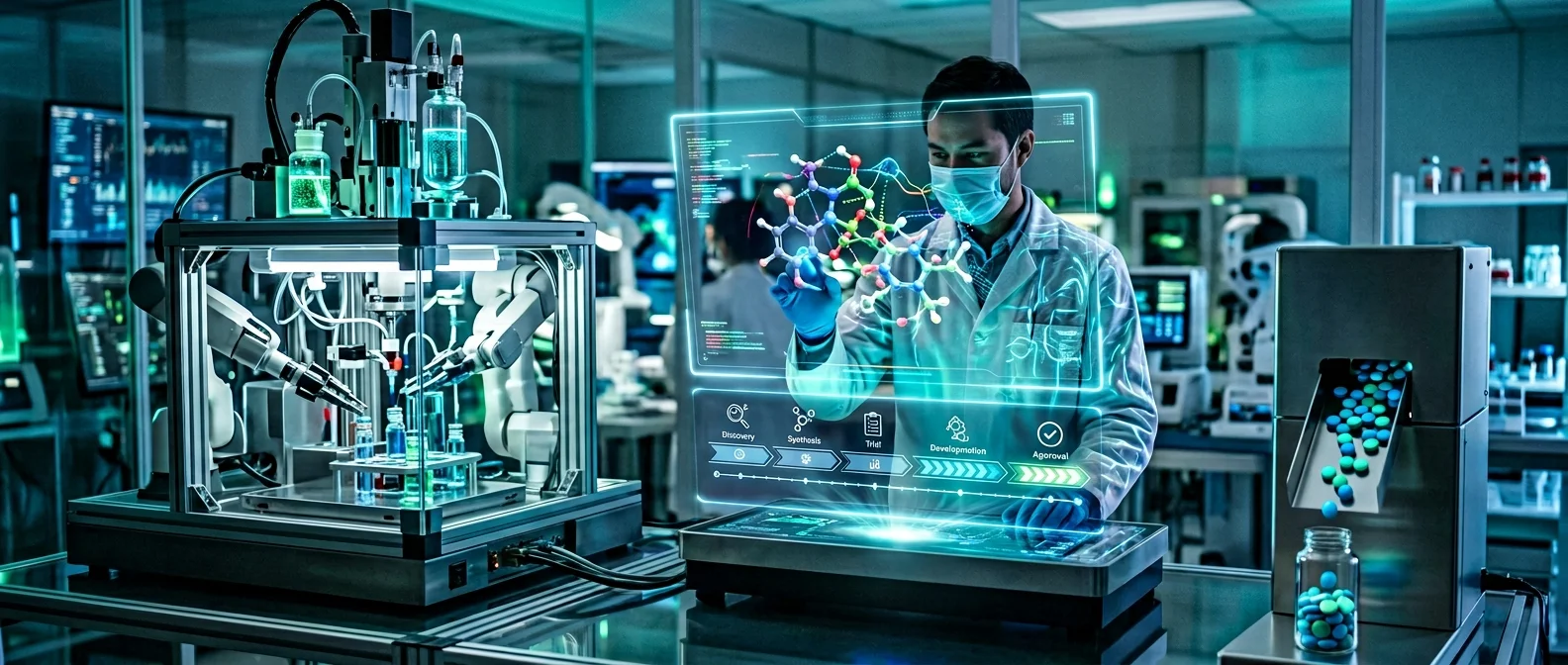 AI-powered drug discovery laboratory with robotic systems analyzing molecular structures and biological data