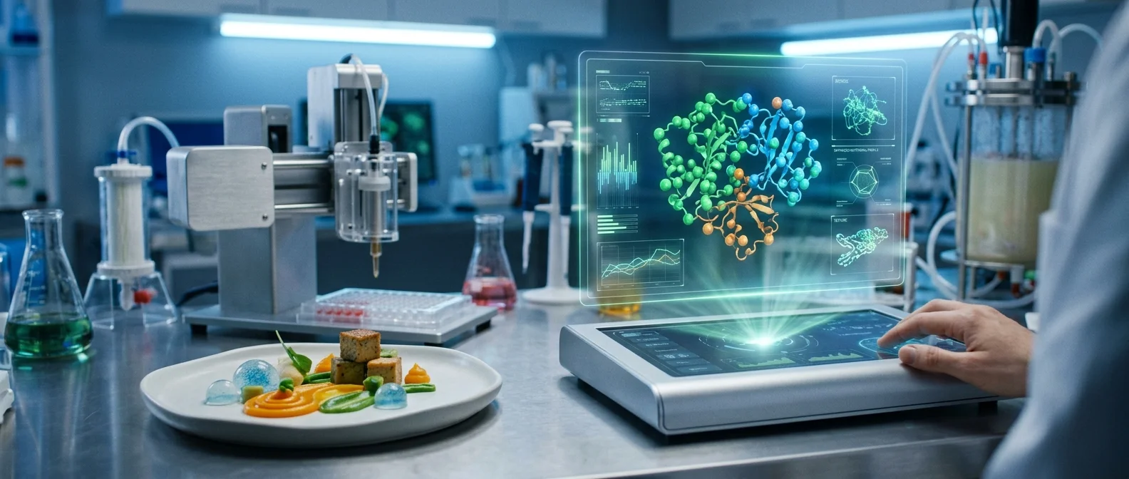 AI-designed protein structures being analyzed on computer screens in a modern biotechnology laboratory