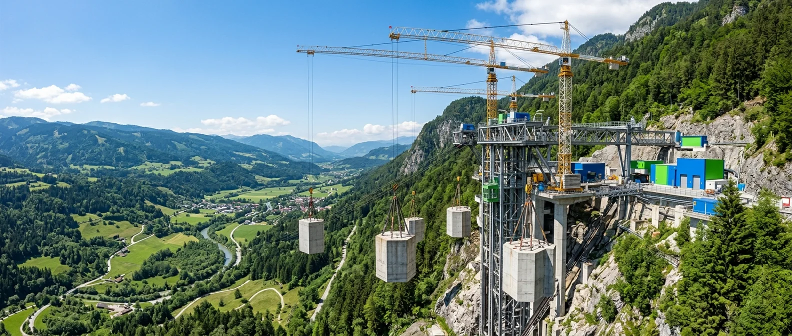 Energy Vault gravity storage tower with concrete blocks being lifted by crane system