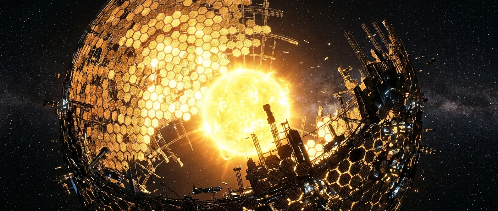Conceptual visualization of a Dyson sphere megastructure completely surrounding a star to harvest its energy output