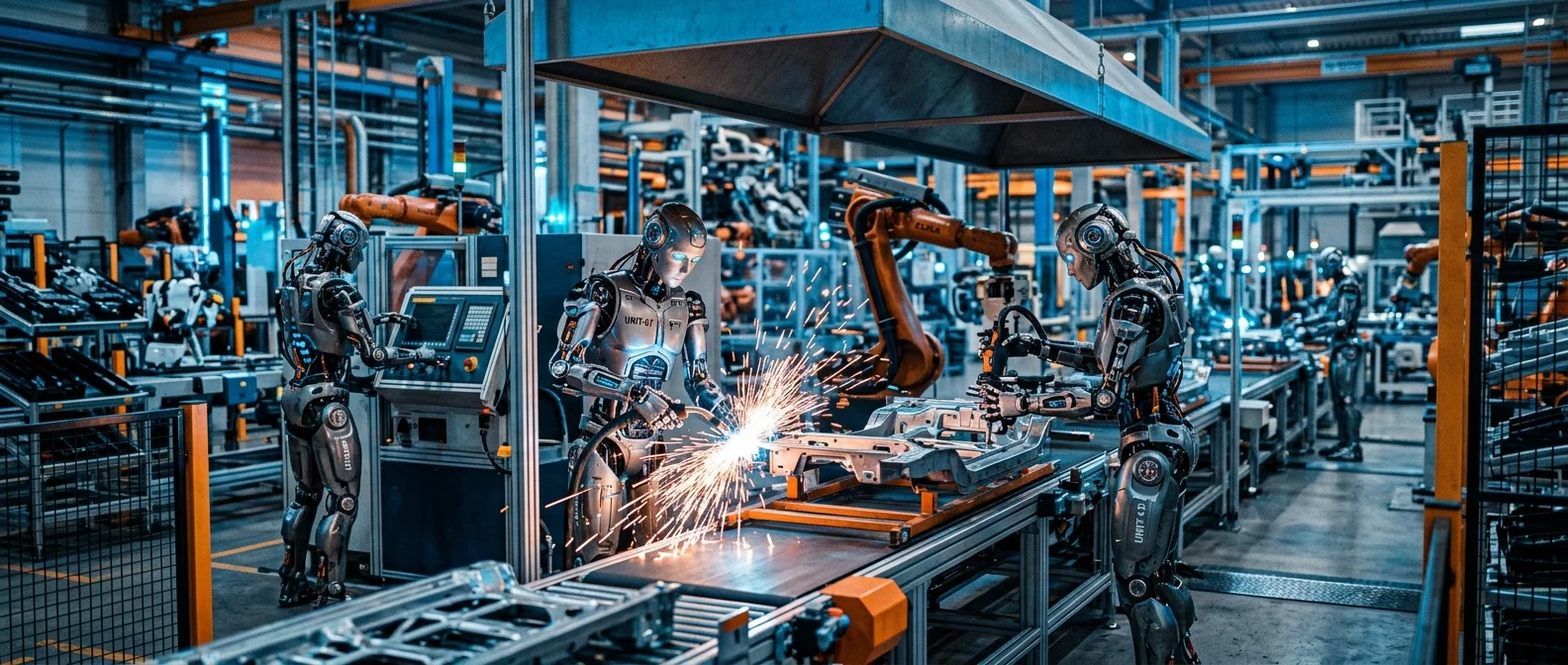 Tesla Optimus and other humanoid robots working alongside humans in a modern factory setting