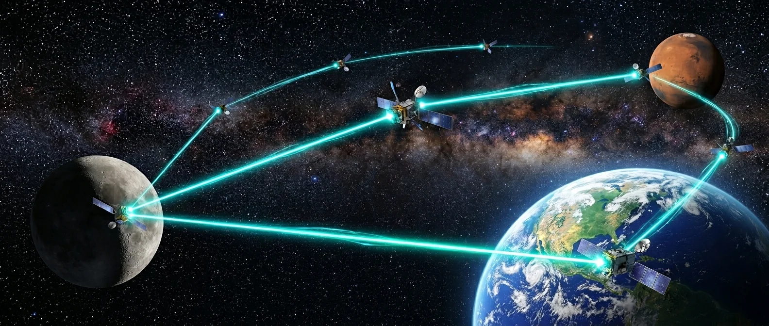 Conceptual visualization of interplanetary internet network connecting Earth, Moon and Mars with laser communication links and satellite relay nodes