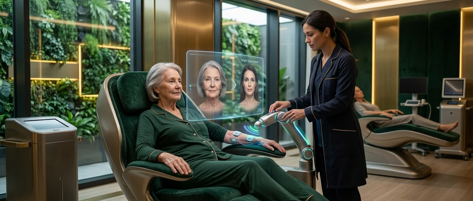 Scientists examining longevity research data in a modern anti-aging clinic with rapamycin and senolytic treatments