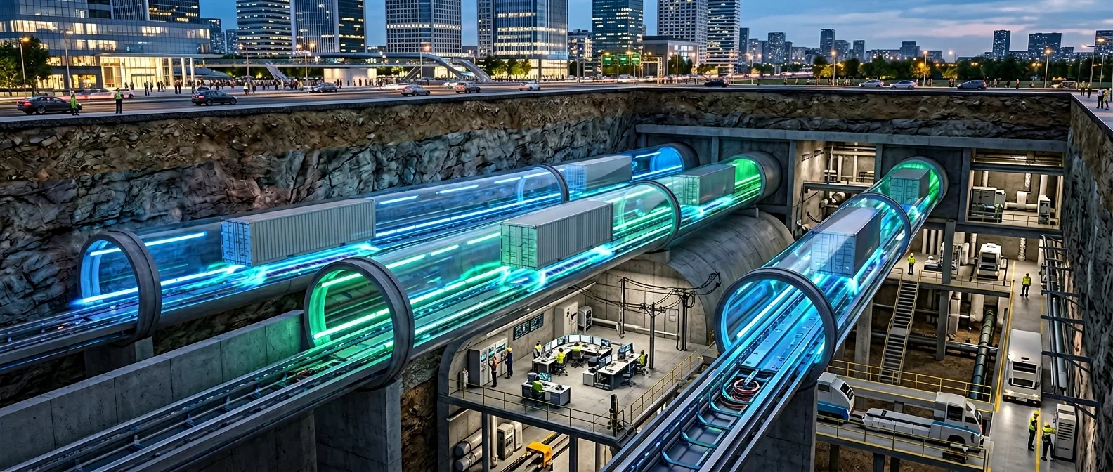 Underground magnetic levitation cargo system with capsules moving through transparent tubes