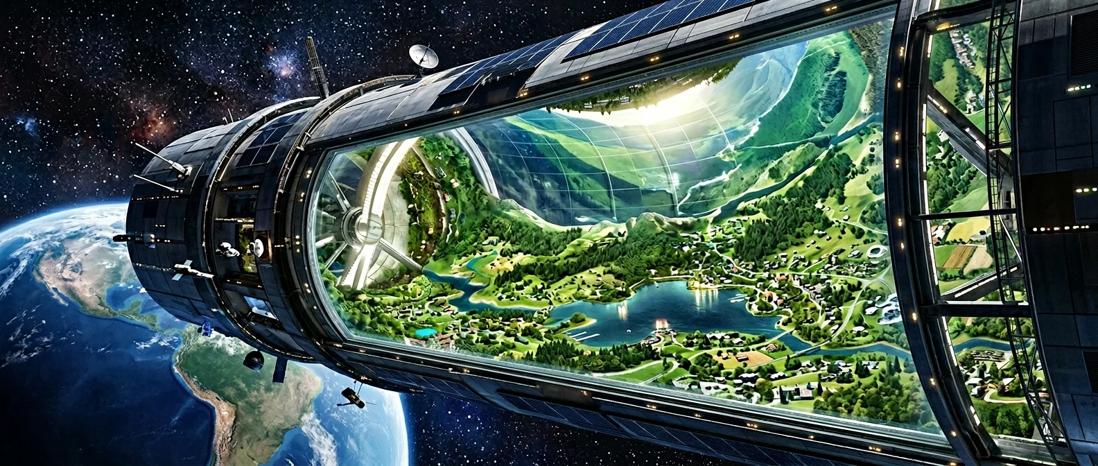 O'Neill Cylinder space colony concept showing massive rotating habitat with cities, forests and artificial gravity