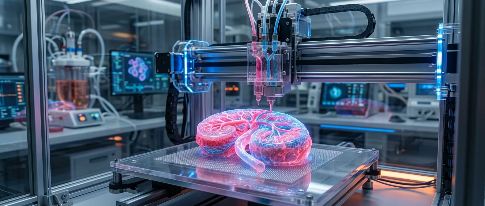3D bioprinter creating kidney tissue with cellular scaffolds and blood vessels