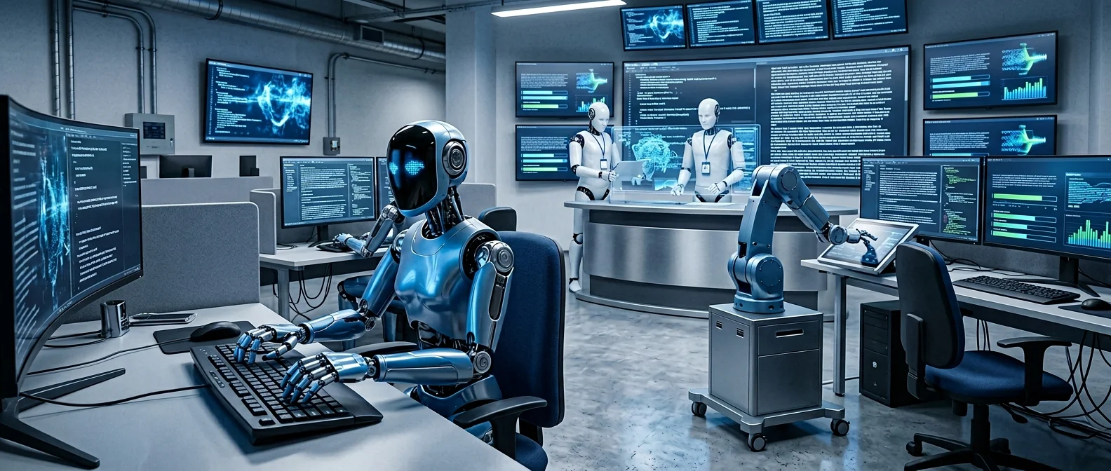 AI journalist avatar writing news articles on computer screen with newsroom background