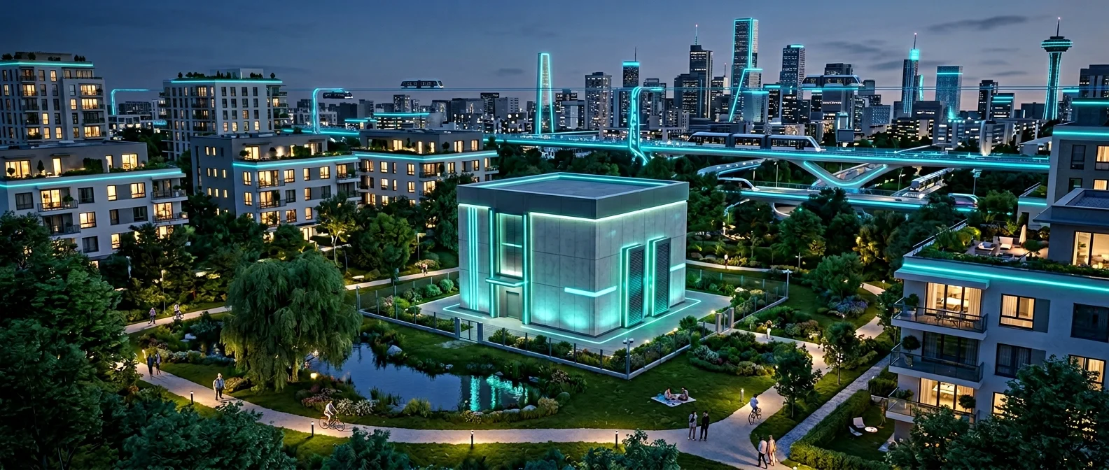 Small Modular Reactor facility showing compact nuclear units being transported by truck to urban locations