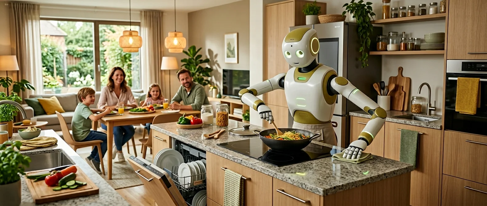 Advanced home robot performing multiple household tasks including cleaning and cooking in modern smart home