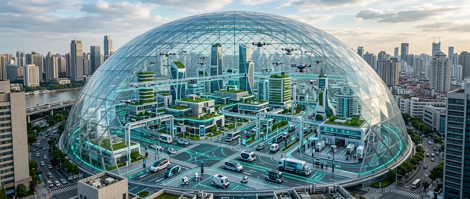 Futuristic sandbox city with autonomous vehicles and smart infrastructure being tested in controlled zones