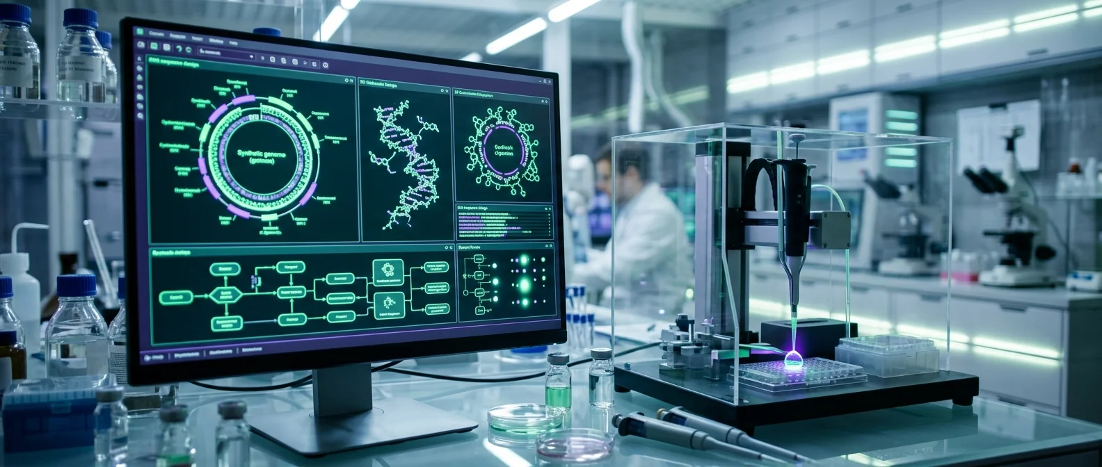 Synthetic biology laboratory showing artificial organisms and DNA programming in controlled environment