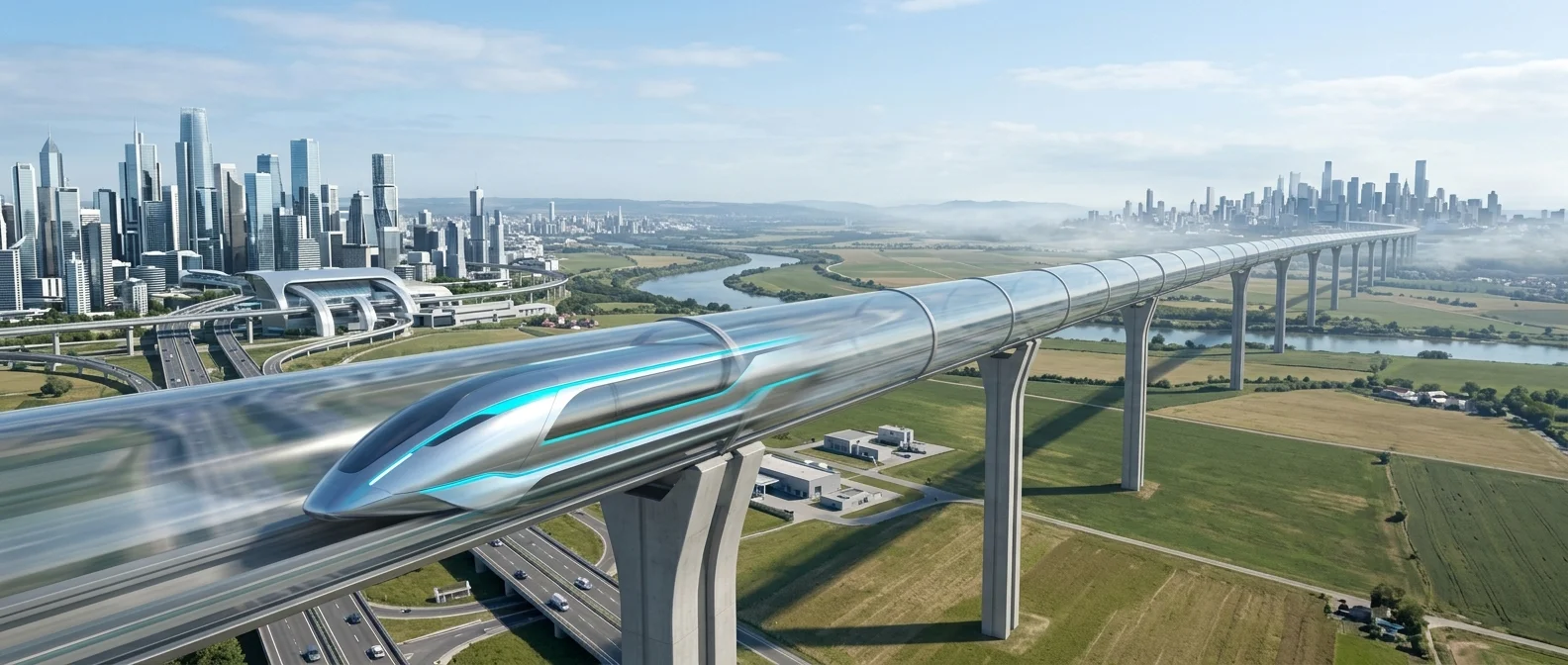 Supersonic hyperloop train floating in transparent vacuum tube with magnetic levitation
