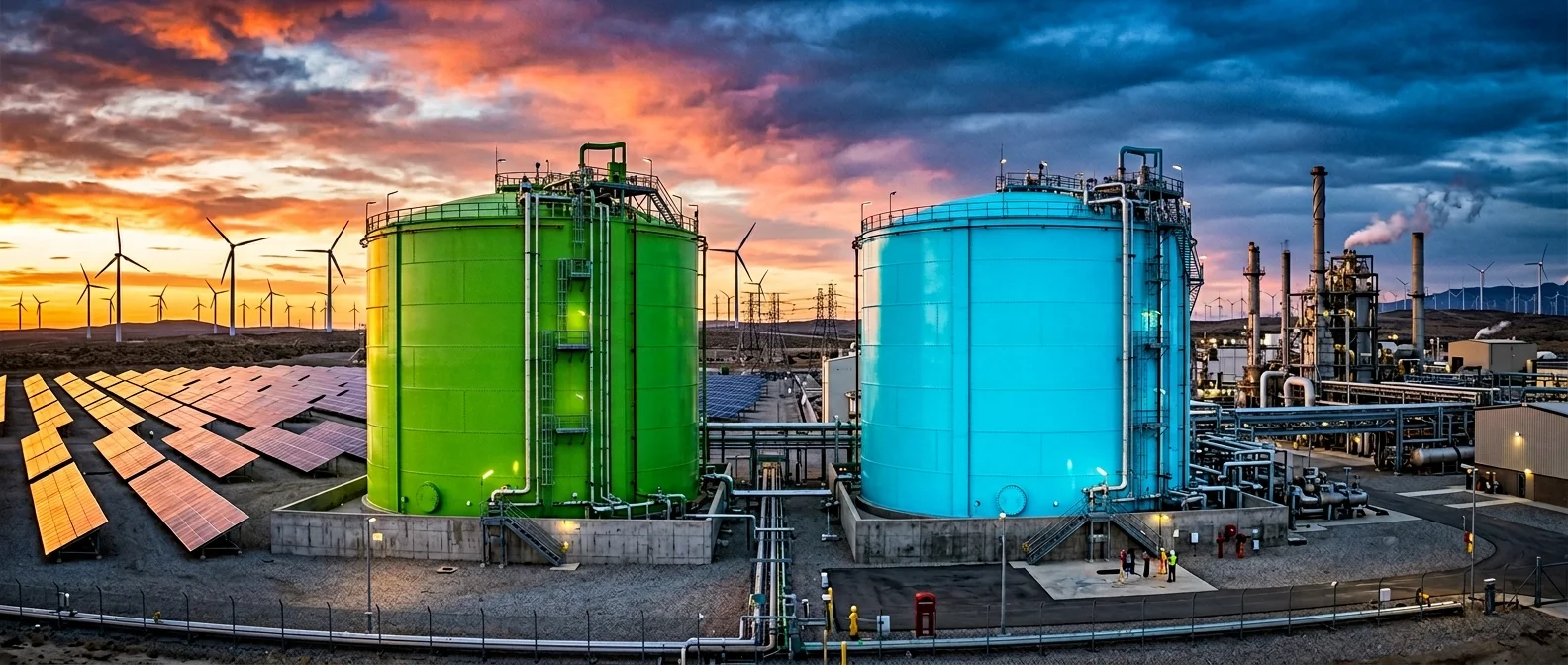 Comparison of green and blue hydrogen production facilities with cost and environmental impact charts