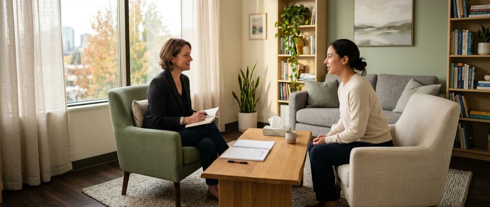 Meta-analysis chart showing CBT effectiveness across 62 studies with 200,000 patients for depression treatment