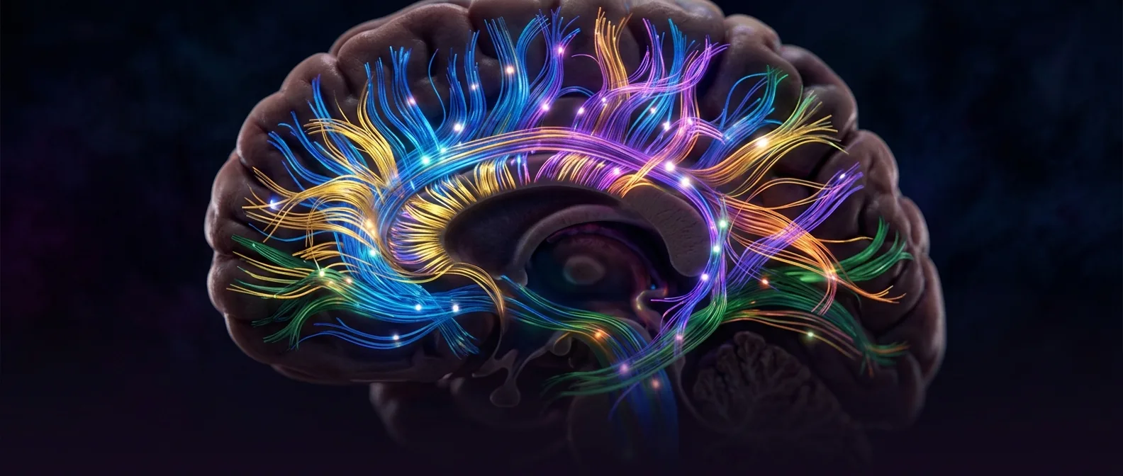 Brain network visualization showing white matter connections and neural timing patterns across different regions