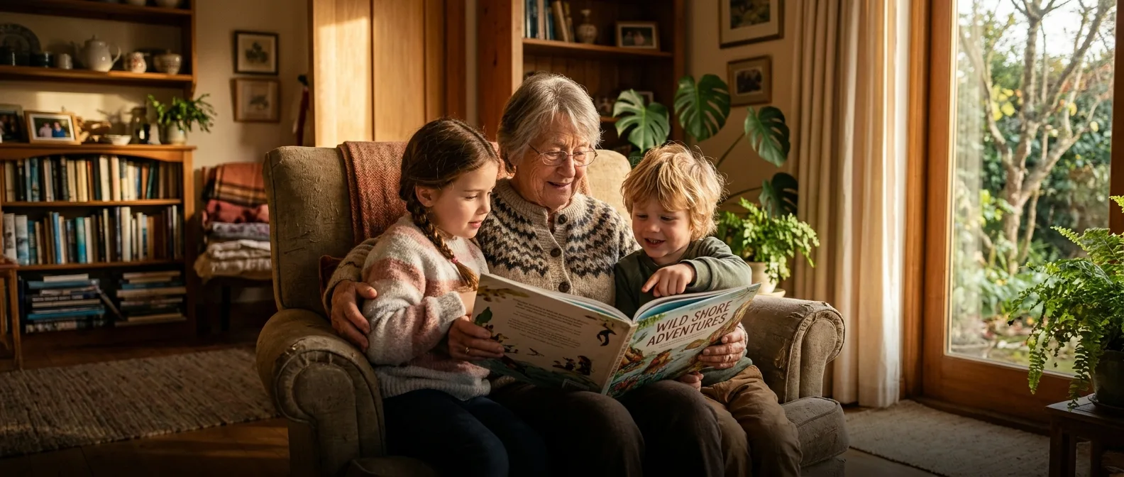 Elderly grandparents playing with grandchildren while maintaining cognitive health through active caregiving