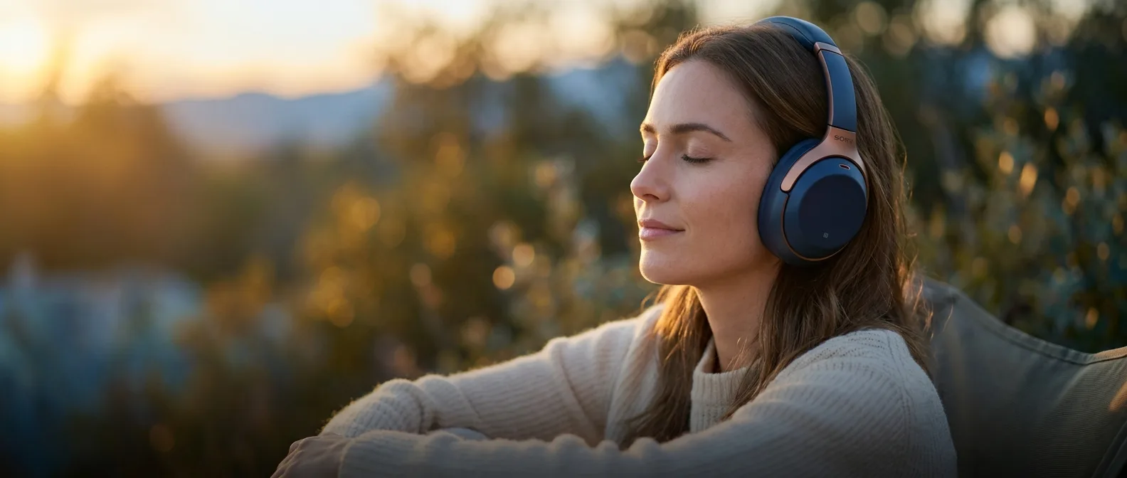 Person wearing headphones listening to auditory beat stimulation music therapy for anxiety treatment
