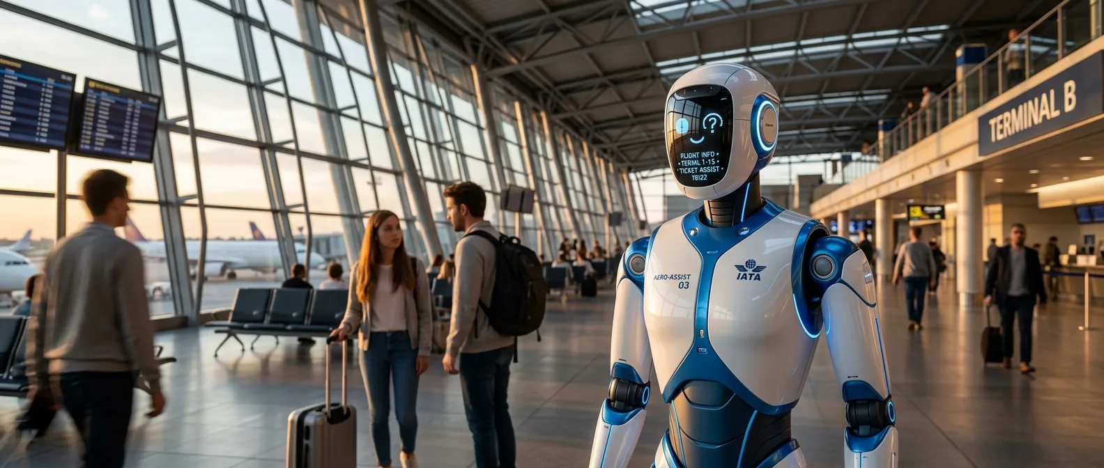 IntBot Jose humanoid robot interacting with passengers at San José Mineta International Airport terminal