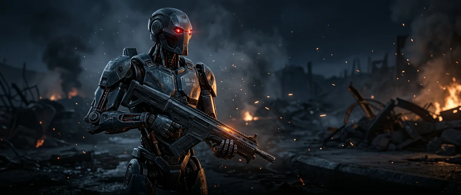 Phantom MK-1 autonomous robot soldier with black chassis and polished steel components deployed in Ukraine