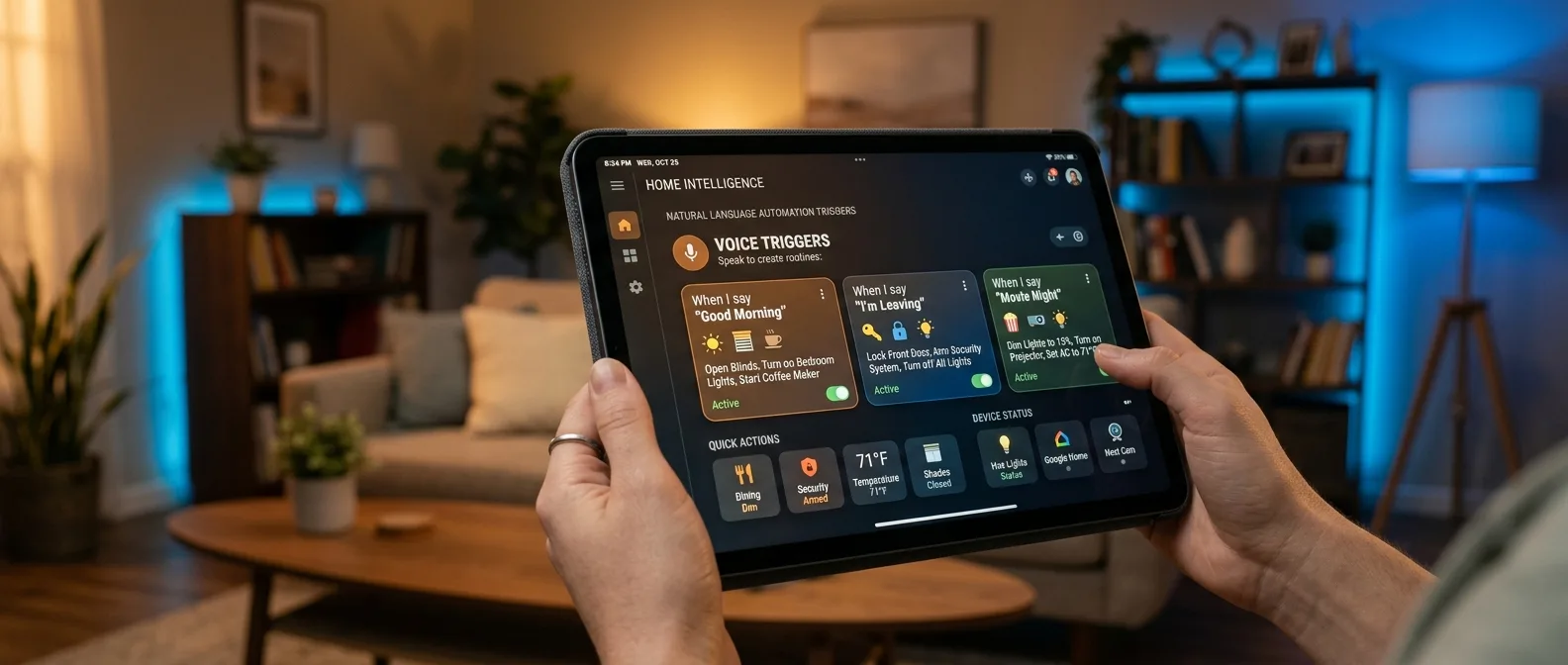 Home Assistant 2026.1 interface showing new natural language triggers and purpose-specific automation options