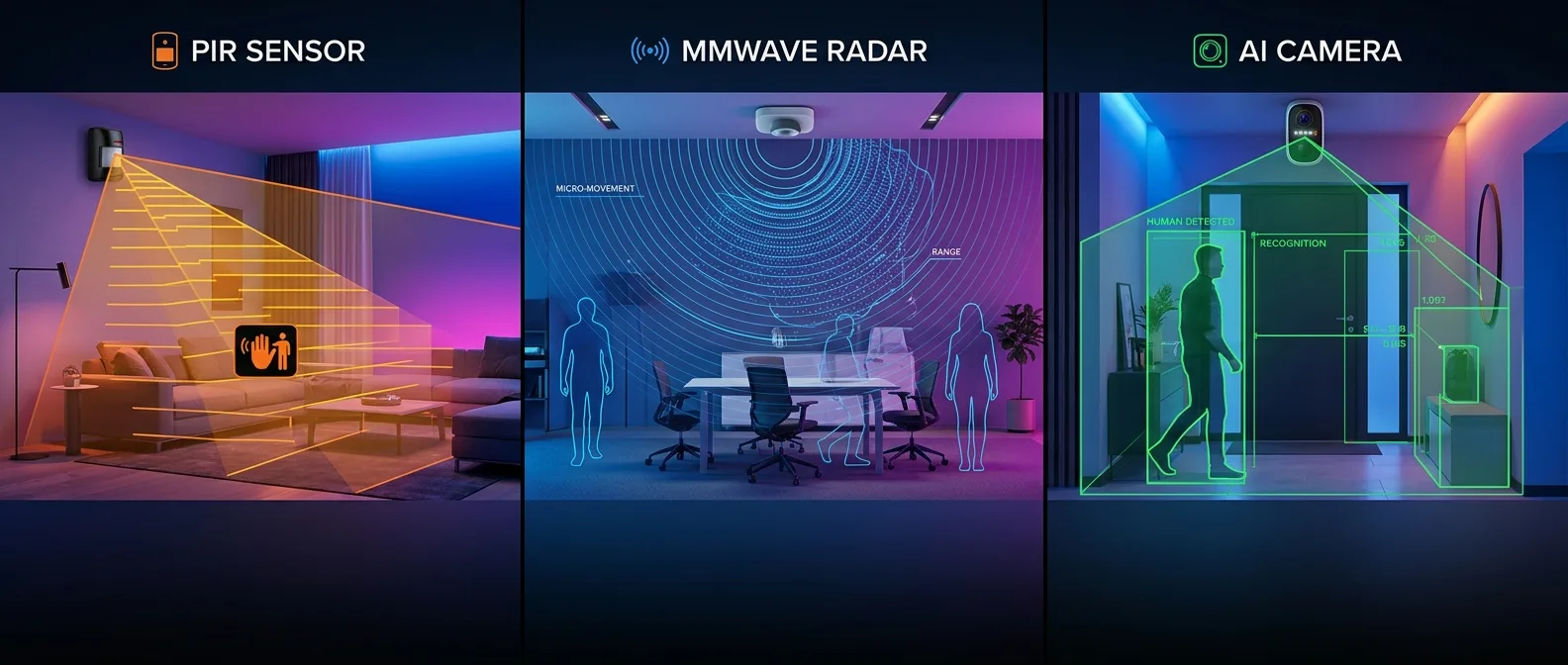 PIR vs mmWave vs Camera motion sensor comparison for smart home automation