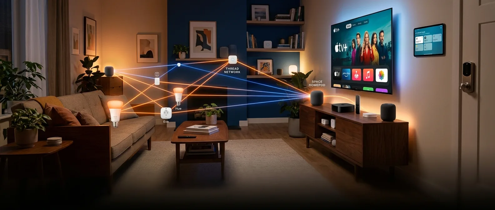 Apple TV and HomePod devices configured as Thread border routers in a modern smart home setup