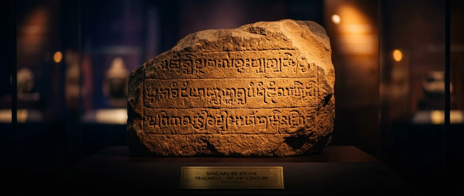 Ancient Singapore Stone fragment with mysterious script being analyzed by AI technology