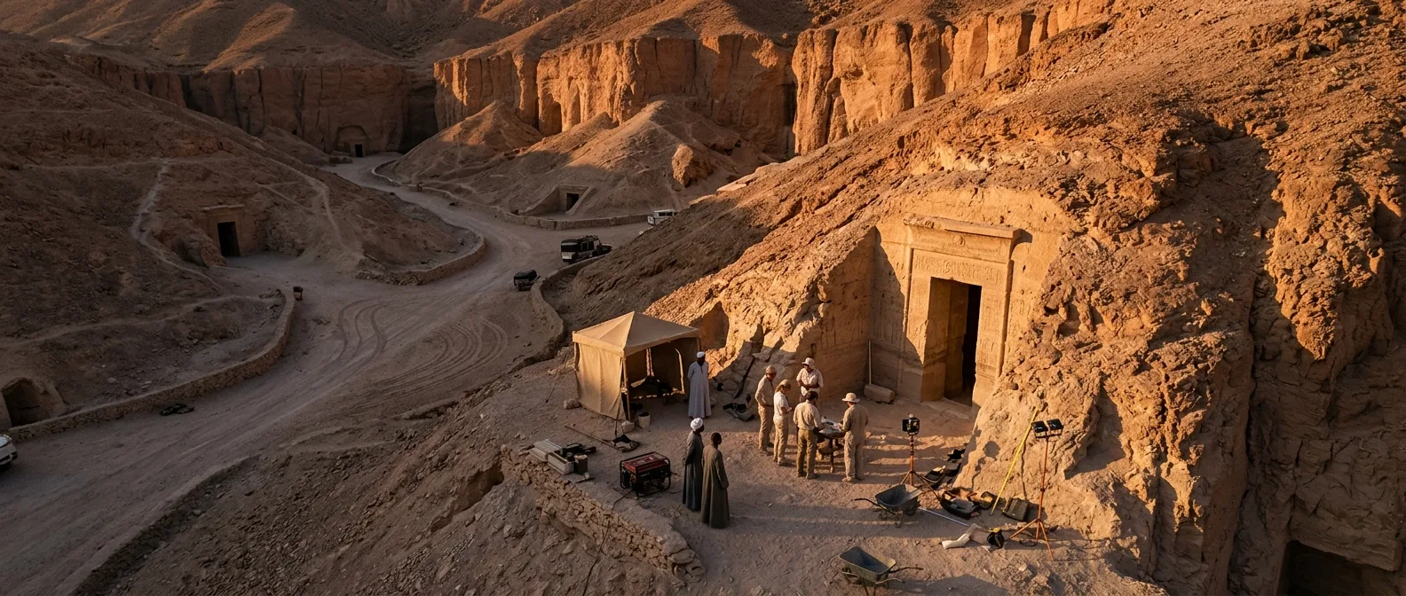 Archaeologist Piers Litherland examining the newly discovered tomb of Pharaoh Thutmose II in Valley of Kings