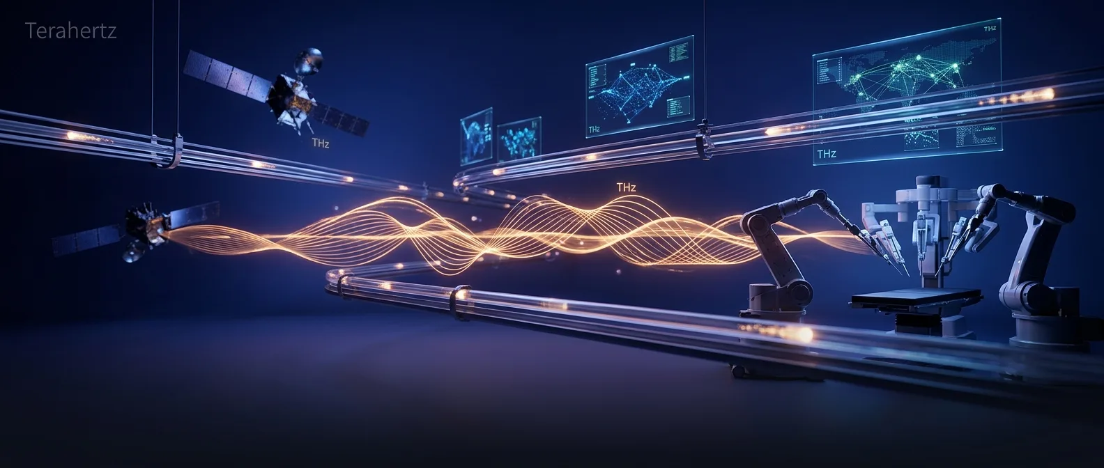 ETSI terahertz 6G network diagram showing spectrum bands from 100GHz to 10THz for remote surgery and autonomous robotics applications