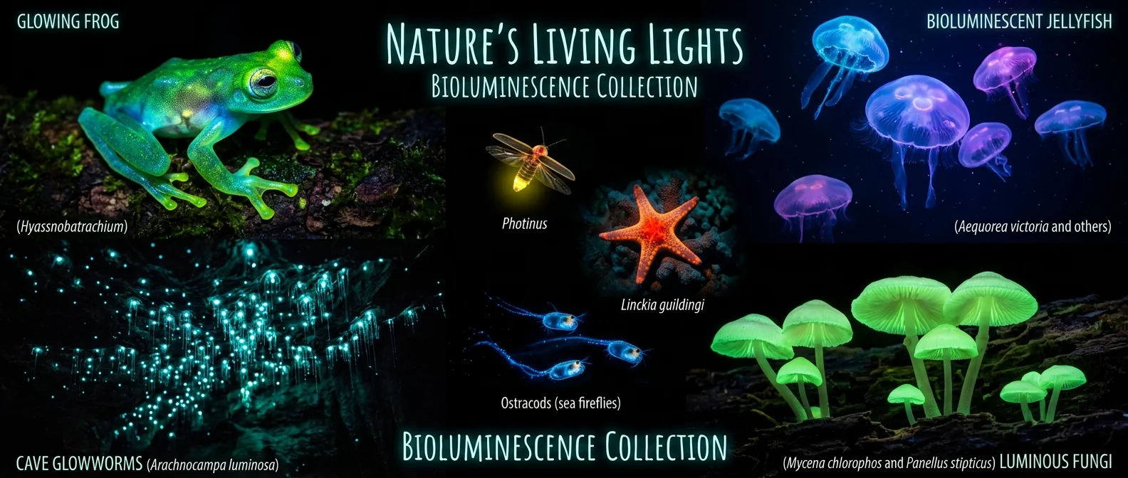 Bioluminescent creatures showcase featuring glowing fireflies, jellyfish and deep-sea animals in natural darkness