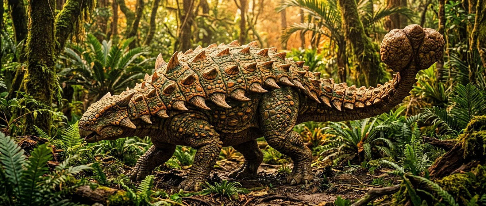 Ankylosaurus armored dinosaur with massive tail club and protective bone plates covering its entire body