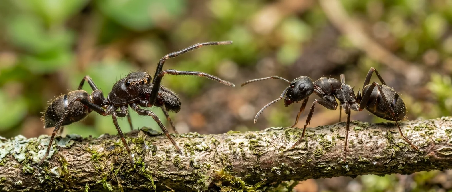 Ant-mimicking jumping spider displaying perfect morphological disguise in natural habitat