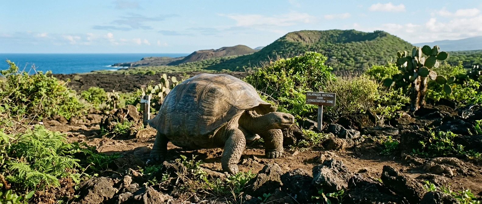 Giant Galápagos tortoise walking through volcanic landscape with endemic vegetation